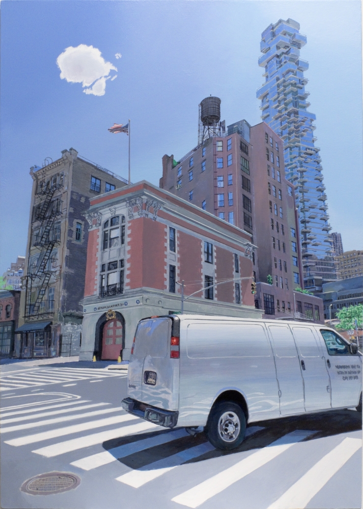 Andrew Lenaghan, Varick Street, 2021. Acrylic on panel, 25 1/4 x 18 inches.