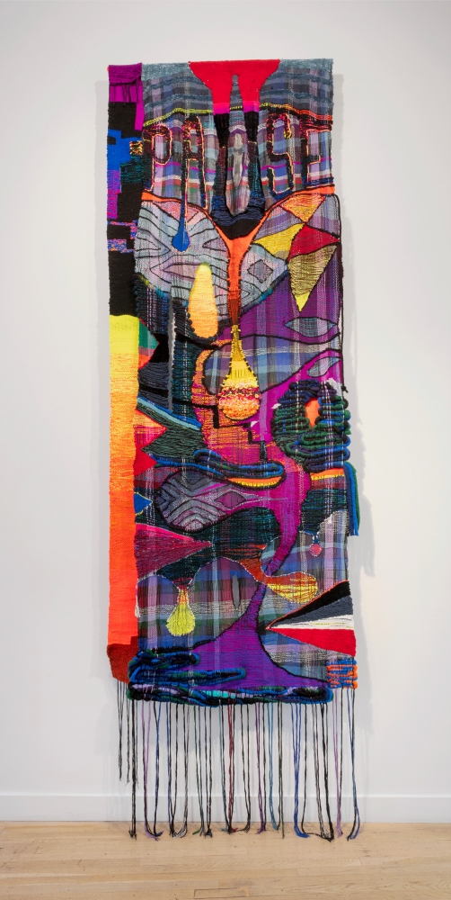 Terri Friedman,&nbsp;Pause, 2020. Wool, cotton, acrylic, metallic, hemp, chenille fibers, 132 x 50 inches.