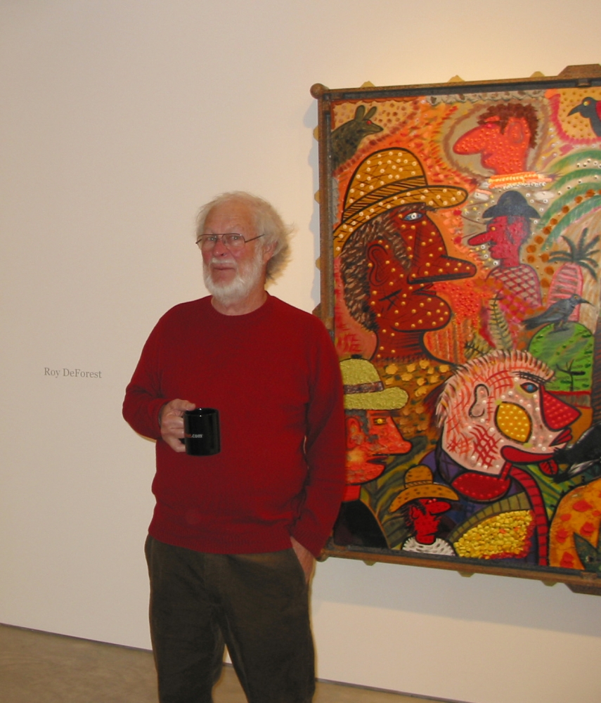 Roy De Forest in front of North of Patagonia during the opening reception of&nbsp;New Paintings&nbsp;at George Adams Gallery, 2005.