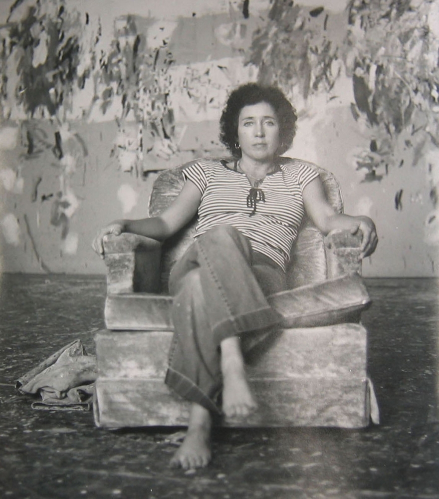 Joan Brown in her studio, c. 1981.
Image courtesy the George Adams Gallery Archives.
Photo: M. Lee Fatherree.