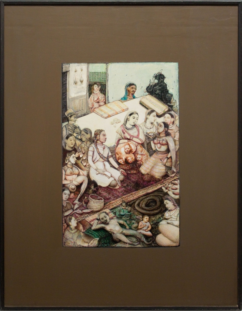 Gregory Gillespie, Harem, 1994. Oil on panel, 25 3/4 x 15 inches.