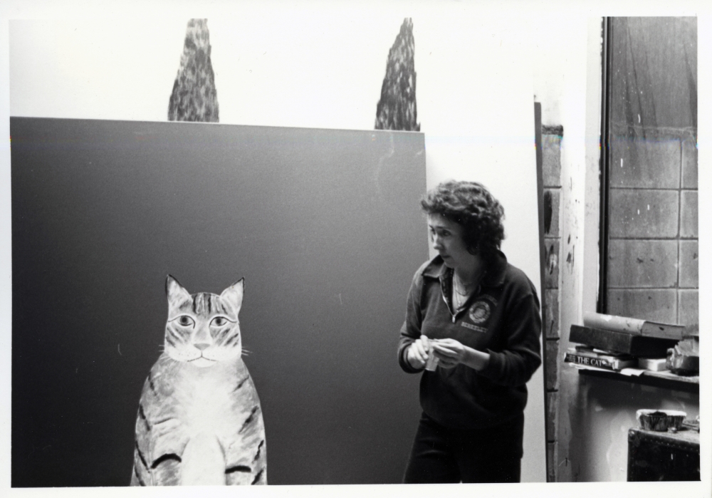 Joan Brown in her studio with Portrait of Toby the Cat,&nbsp;1980.

Image courtesy the George Adams Gallery archives, photo: J. Martin.