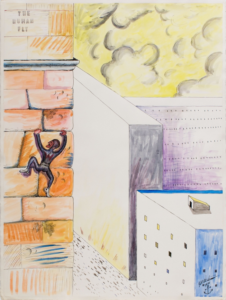 H.C. Westermann, The Human Fly, 1971. Ink and watercolor on paper, 29 3/4 x 22 3/8 inches.