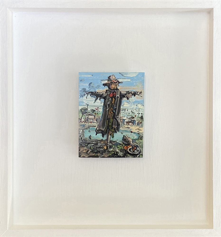 Amer Kobaslija,&nbsp;Scarecrow with Ducks, 2020. Oil on plexiglass, 4 x 3 inches.
