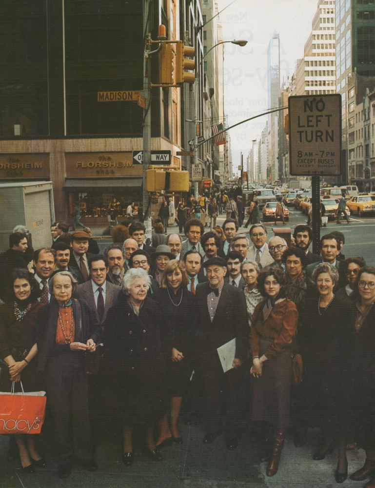A group of Fifty-seventh Street gallery owners and directors gathered at the corner of Fifty-seventh and Madison Avenue, Spring 1981.

&copy; 1981 Brownie Harris/Photoreporters