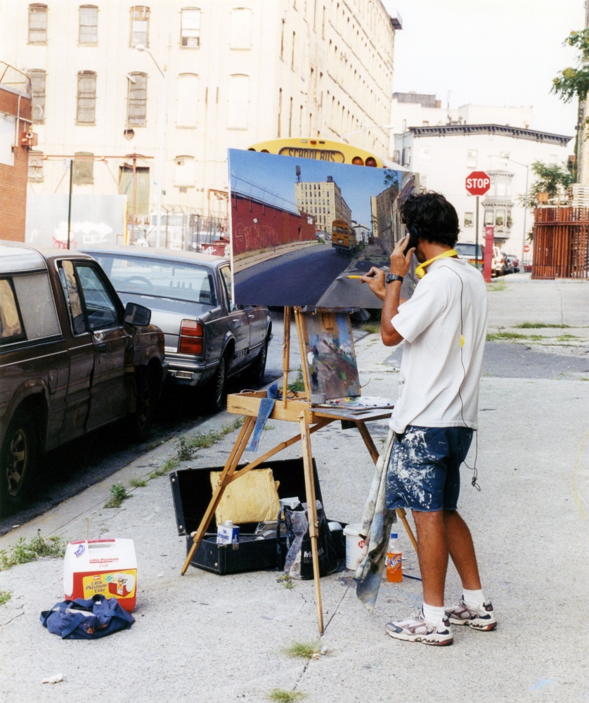 Andrew Lenaghan painting from life on South 11th Street, Williamsburg, Brooklyn, August 2002.