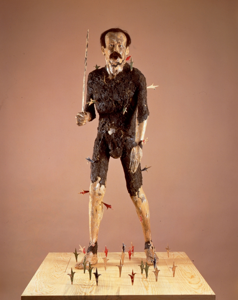 Juan Francisco Elso,&nbsp;Por Am&eacute;rica, 1986. Carved wood, plaster and earth, 56 3/4 x 17 1/4 x 18 1/4 inches variable.