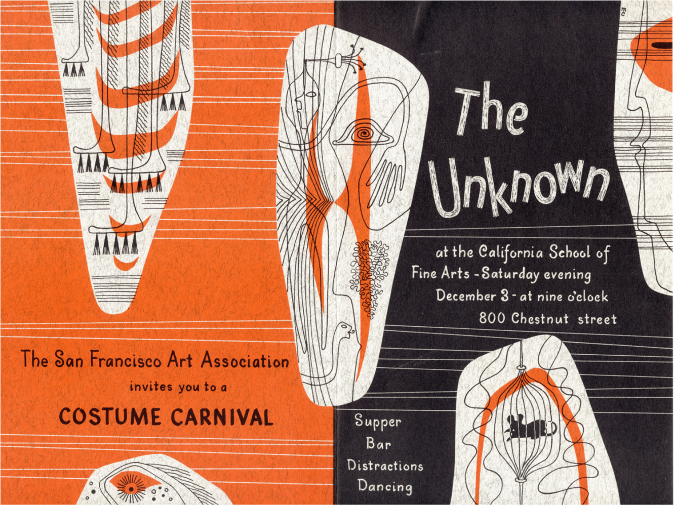 An invitation for The Unknown party in 1949 which featured, among other events and installations, Clay Spohn&#039;s &quot;Museum of Little Known and Unknown Objects.&quot;
