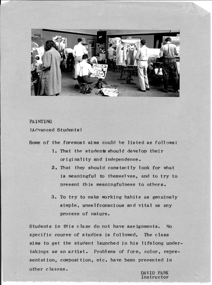 Course description of David Park&rsquo;s advanced painting class, c. 1948. Image shows students working in the classroom, Frank Lobdell is possibly the second from right., Photo: William Heick.