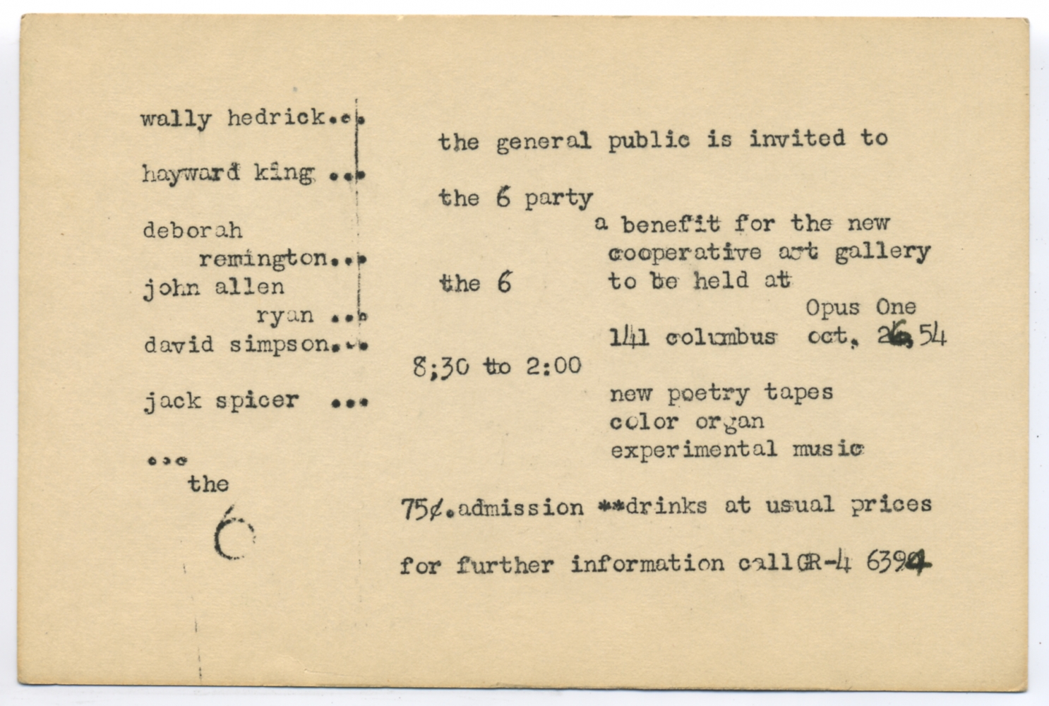 Invitation to the 6 Party, to benefit the opening of the 6 Gallery, 1954., Image courtesy the Deborah Remington Charitable Trust for the Visual Arts.