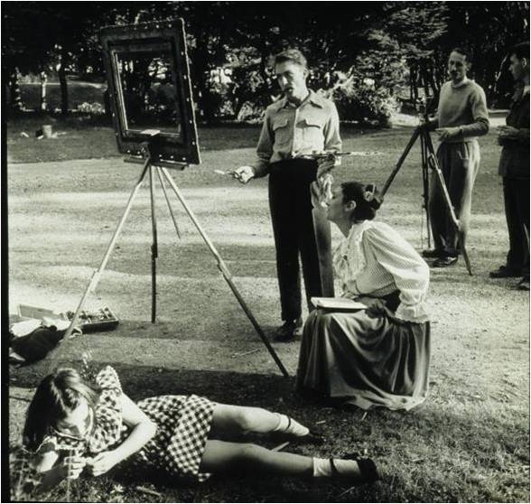 Sidney Peterson&#039;s film class shooting &quot;Mr. Frenhofer and the Minotaur,&rdquo; based on Balzac&rsquo;s &quot;Le Chef-d&#039;Oeuvre Inconnu,&rdquo; c. 1948.