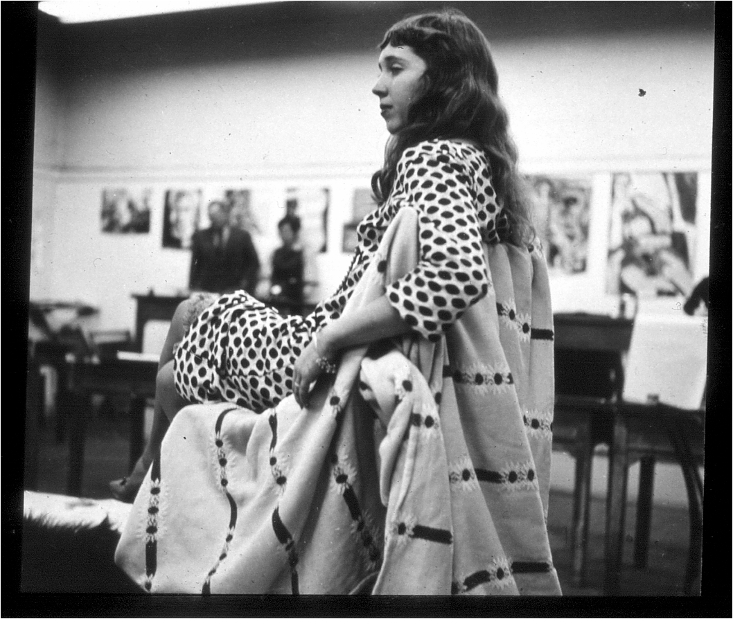 Joan Brown modeling at CSFA as a student, c. 1958., Image courtesy the SFAI Archives.