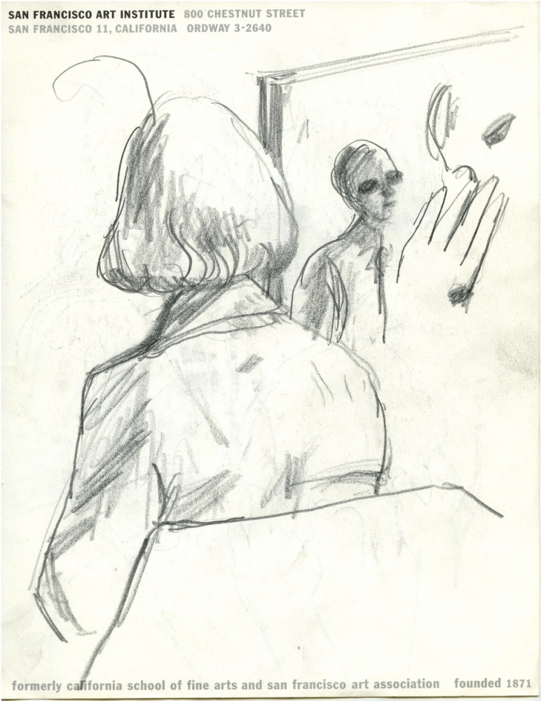 An untitled sketch by Elmer Bischoff c. 1961, on the updated letterhead for CSFA after its name change to SFAI., Image courtesy the George Adams Gallery Archives.