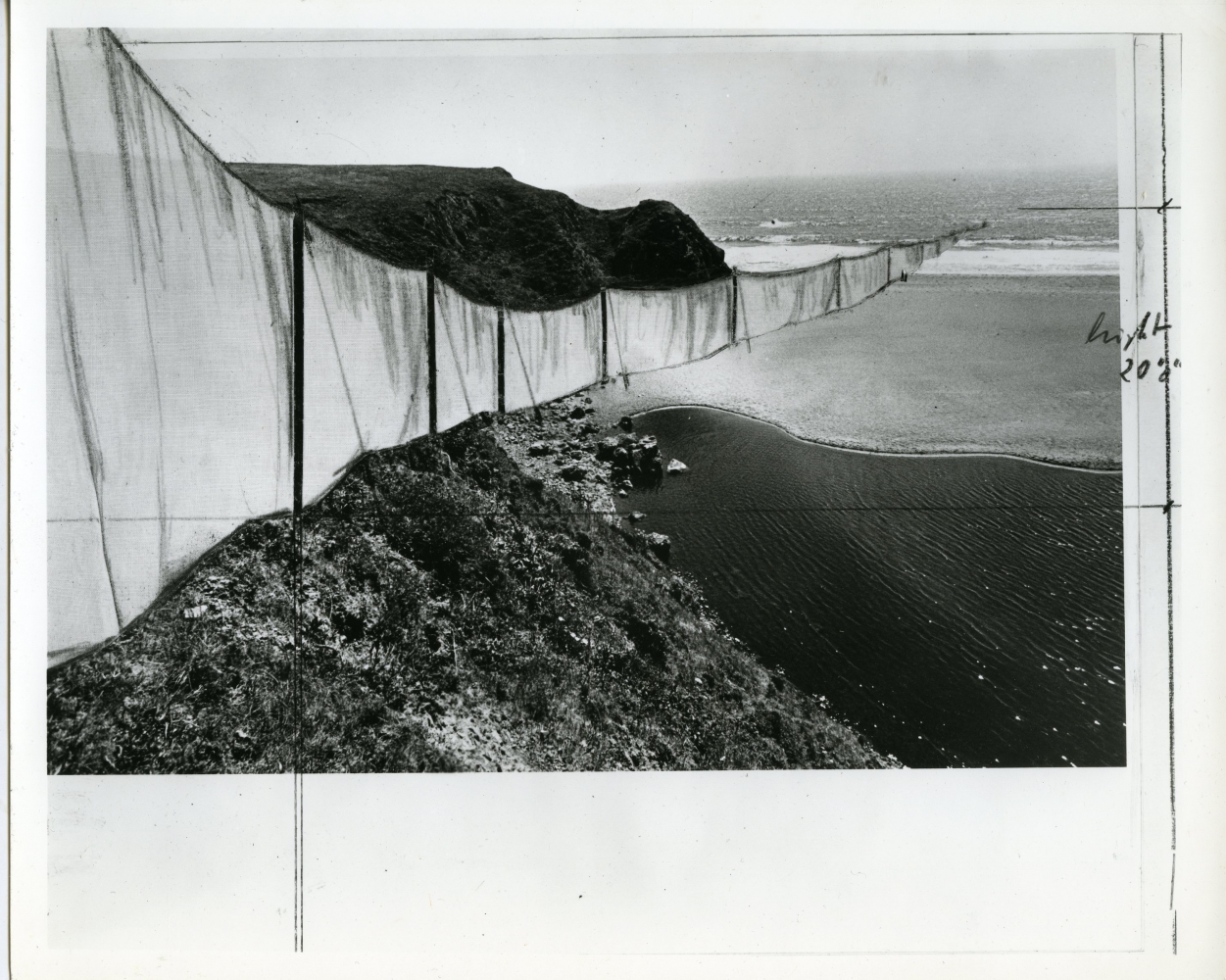 1973-74&nbsp;Christo,&nbsp;detail of &quot;Running Fence (Project for Marin Sonoma County - California)&quot; Collage on photograph by Harry Shunk., &copy; 1973, Christo, courtesy of the George Adams Gallery Archives.