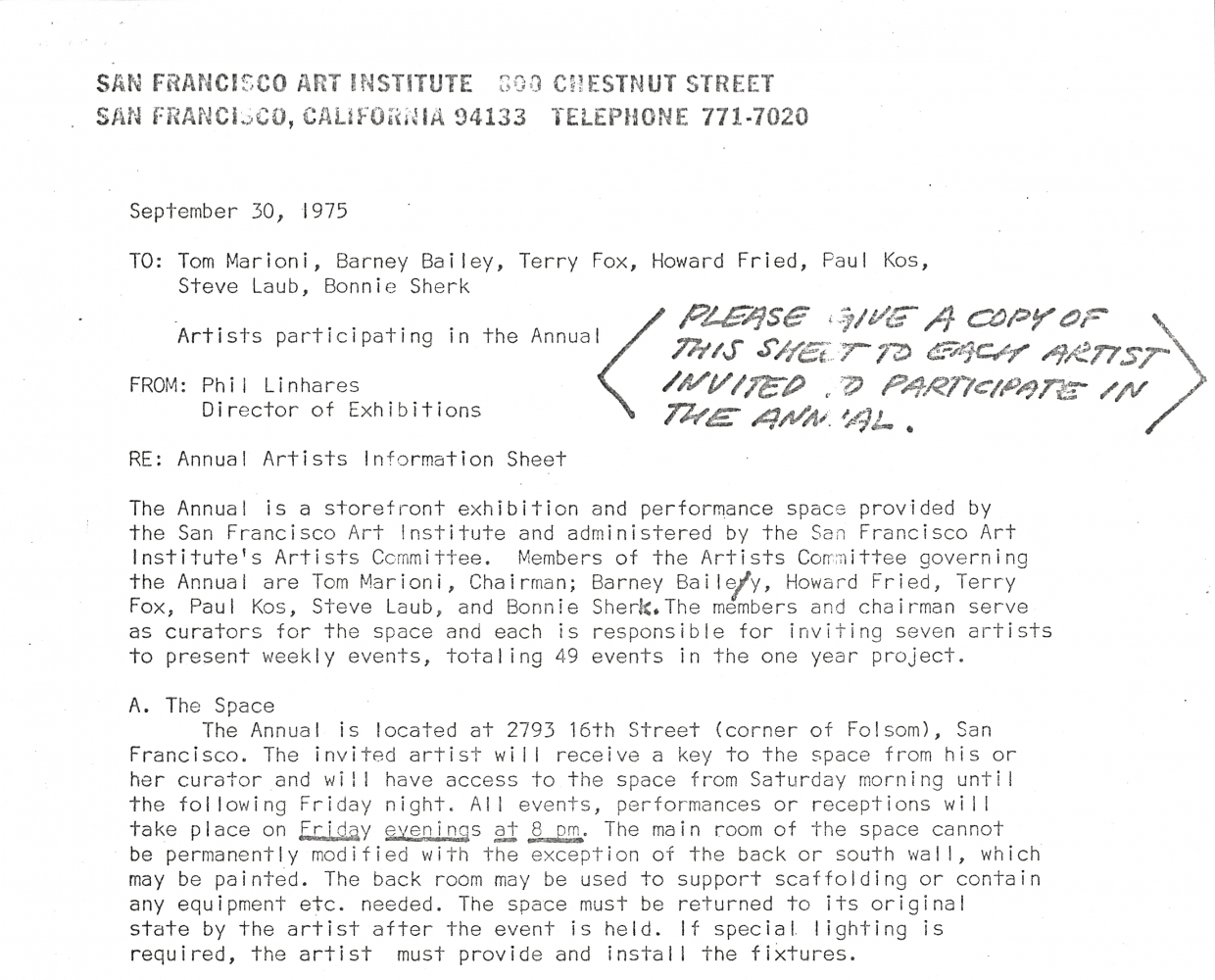 Excerpt from 1975-76 SFAI Annual invitation letter. Image&nbsp;via Art Practical, issue 5.1, 2013.