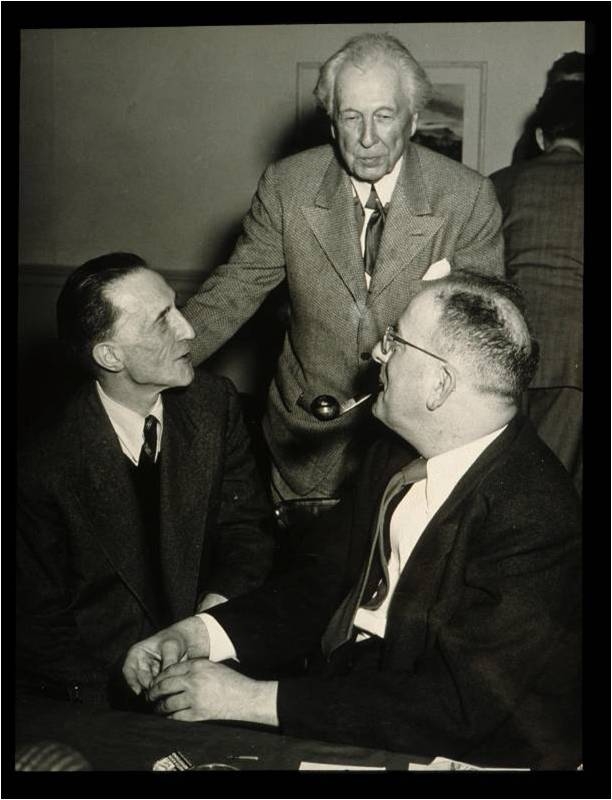 In 1949 MacAgy organized the Western Roundtable of Art; pictured are participants, (l-r) Marcel Duchamp, Frank Lloyd Wright, Alfred Frankenstein.