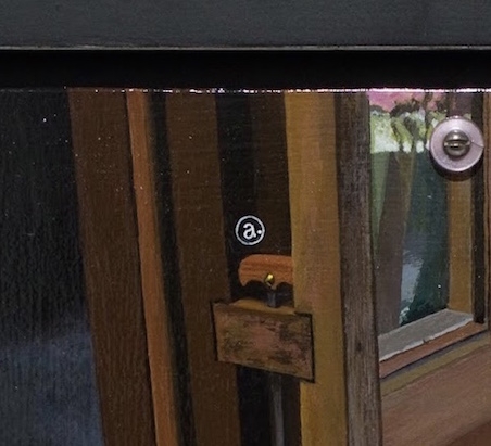 detail, Tony May,&nbsp;A View Showing the Draw-Pin Latch (a) and Hinged Door Panel (b), 2018. Acrylic on panel in artist-made frame, 10 x 11 inches.