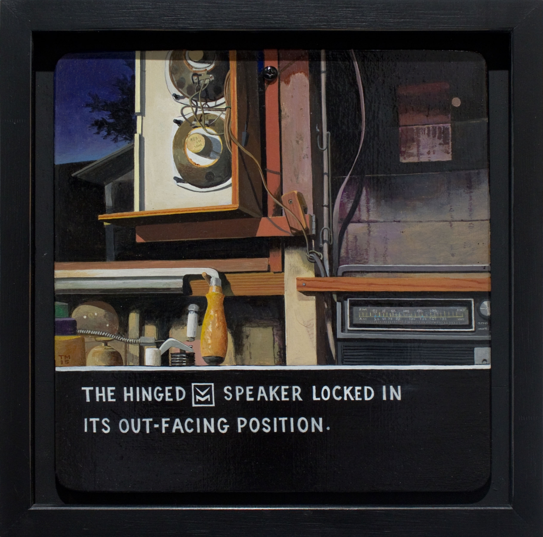 Tony May, The Hinged VM Speaker Locked in its Out-Facing Position, 2015. Acrylic on panel in artist-made frame, 11 x 11 1/8 inches.