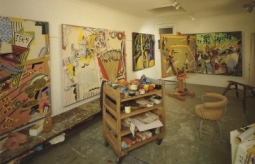 Exhibition announcement picturing a view of the artist's studio with works in progress, Sydney, 1990.