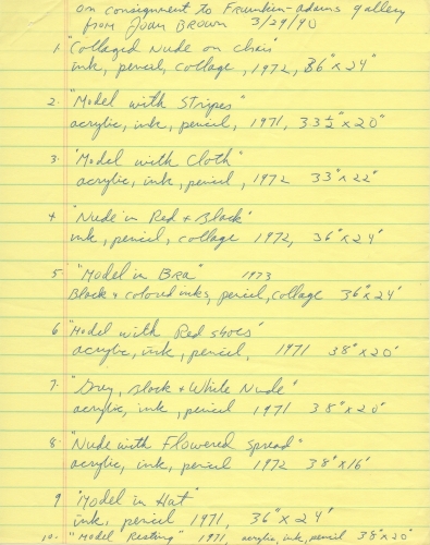 Joan Brown&amp;#39;s checklist of drawings selected for her&amp;nbsp;exhibition at Frumkin/Adams Gallery&amp;nbsp;in fall of 1990, dated March 29, 1990.

Image courtesy the George Adams Gallery Archives.