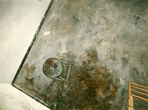 Amer Kobaslija, Painter&#39;s Floor with Chair and Ladder, 2005. Oil on panel, 71 3/4 x 96 inches (diptych).