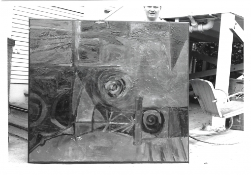 Elmer Bischoff with his Untitled painting, held sideways