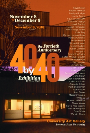Promotional graphic for the exhibition '40x40' at the Sonoma State University Art Gallery, picturing the gallery exterior, 2018.