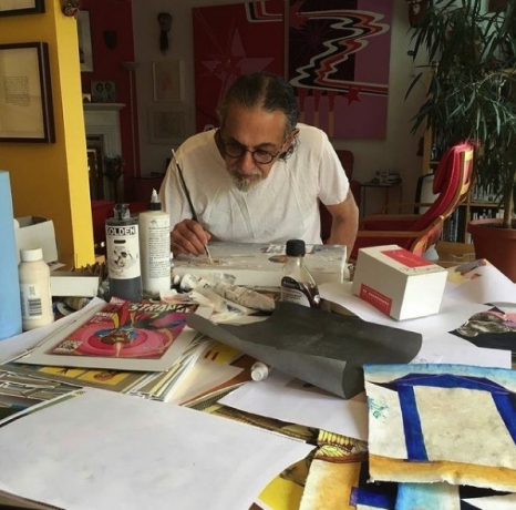 Enrique Chagoya working at home, 2020.