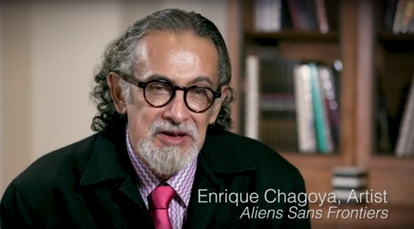 Still from Enrique Chagoya's interview the National Portrait Gallery, 2019.